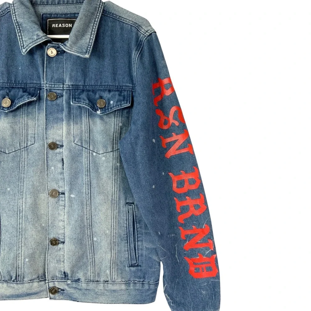Reason Blue Button Up Gradient Denim Jacket M Collar Long Sleeve Graphic Print - Picture 3 of 9